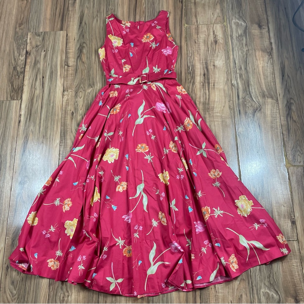 Vintage Laura Ashley Fit and Flare Midi Dress Floral Tea Wedding Pink Belted